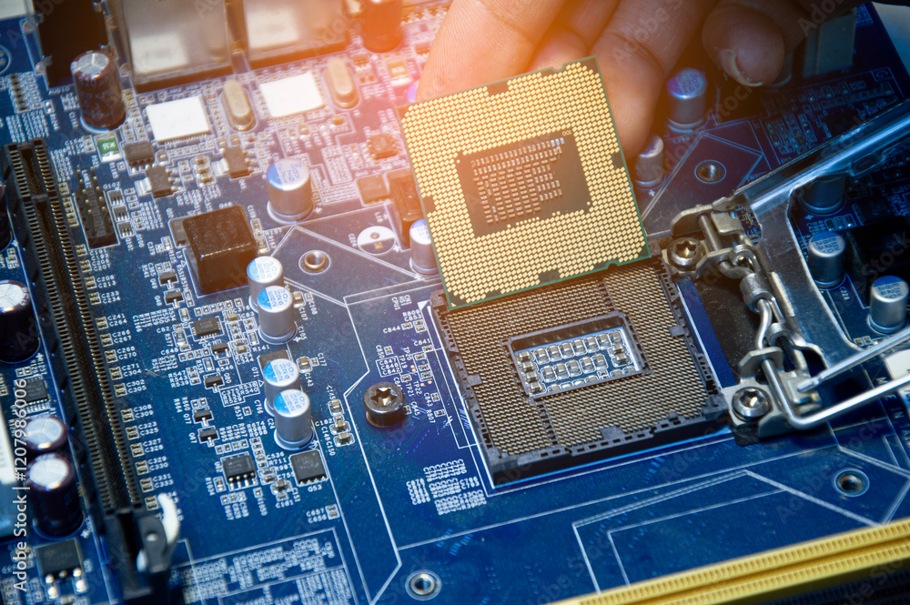 Poster side view of technician assembling cpu on motherboard.