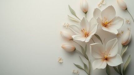 Elegant floral arrangement with white lilies, tulips, and small blossoms adds a touch of beauty to a minimalist off white backdrop