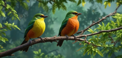 Obraz premium Brightly colored bird perched on a green branch, brightly colored bird, forest branch, green foliage