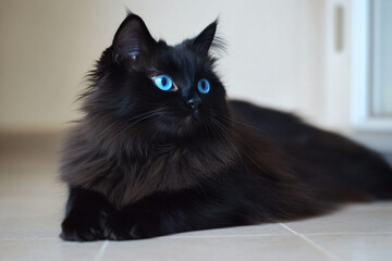 a black cat with blue eyes laying on the floor