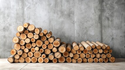A rustic arrangement of neatly stacked wood logs against a concrete wall