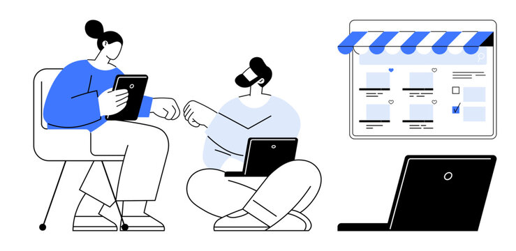Two colleagues discuss online business strategies using a laptop and tablet, with an e-commerce interface displayed. Ideal for teamwork, e-commerce, remote work, digital transformation, online