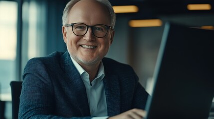 Portrait of a Happy Mature Man Working on a Laptop in a Modern Office Setting