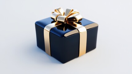 Fototapeta premium A dark blue gift box with a gold ribbon bow
