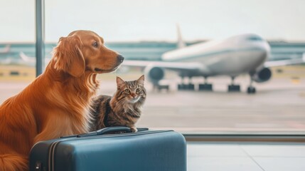 Fototapeta na wymiar A dog and a cat are sitting on a suitcase in front of an airplane
