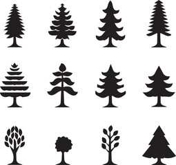 Obraz premium Set of back silhouette line Christmas trees vintage graphic vector