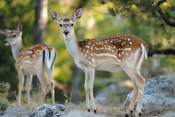 Two young spotted deer in a forest, with one looking curiously at the camera, surrounded by natural scenery.