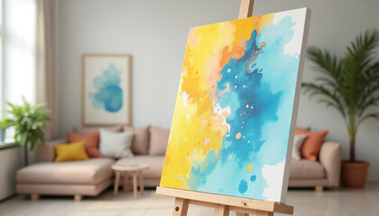 Abstract watercolor painting in bright colors in a living room