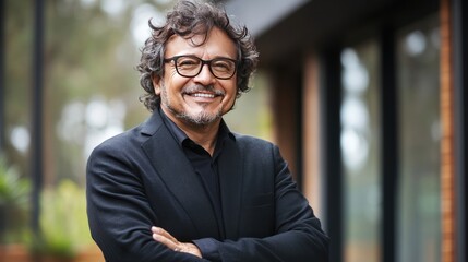 Portrait of a Happy Middle-Aged Man with Curly Hair and Glasses Smiling Outdoors