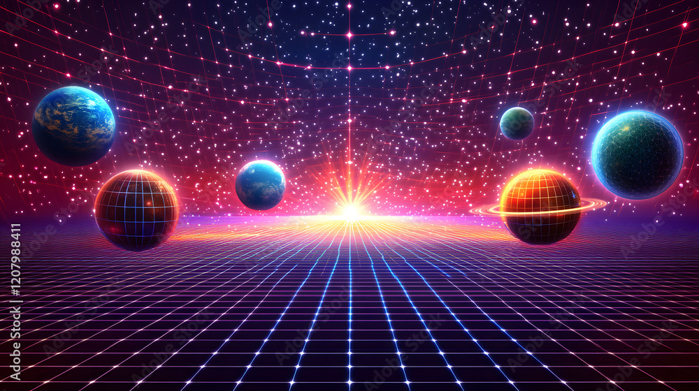 Poster a futuristic landscape of space-time where stars and planets float around in twisted, interconnected