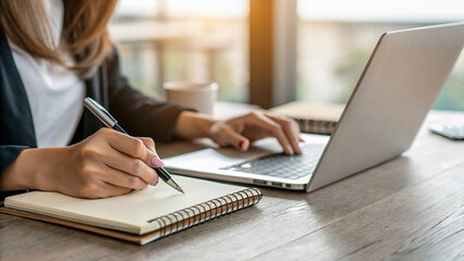 Close-Up of a Businesswoman Writing Notes and Planning at Her Desk, using laptop 