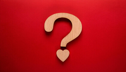 Wooden Question Mark with Heart on Red Background Representing Love Curiosity