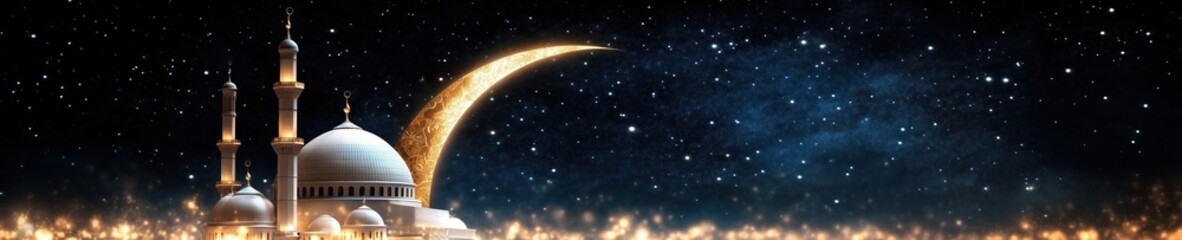 Obraz premium Ramadan Kareem banner featuring a crescent moon over a mosque at night with stars in the background