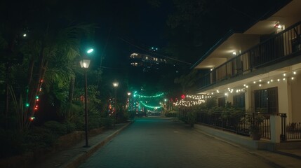 Obraz premium Night Street Scene Festive Lights Buildings Trees