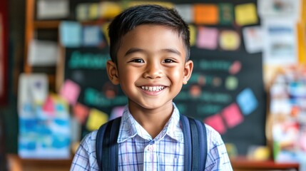 Portrait of a Happy Schoolboy with Backpack Ready for School
