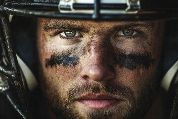 Close-Up Portrait of a Determined American Football Player Wearing Helmet, Generative AI art