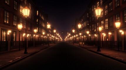 Night Street Scene with Classic Architecture and Lamps