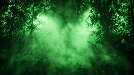Fototapeta premium Mysterious Forest with Green Fog and Light Beams in the Night
