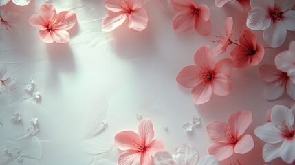 Pink and white flowers arranged on a bright background with feathers, creating a delicate and elegant frame perfect for spring and feminine themes