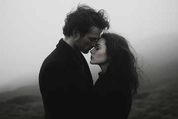 Monochromatic portrait of a couple sharing an intimate moment, their faces close as they stand in a foggy landscape, evoking a sense of romance and mystery.