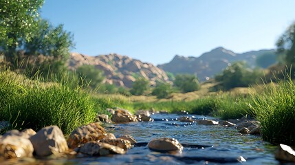Serene Mountain Stream Flowing Through Lush Green Landscape