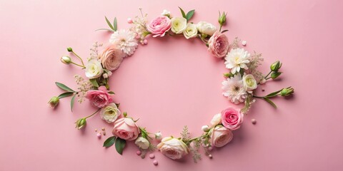 Delicate pink and white floral arrangement forming a circular frame on a pastel background