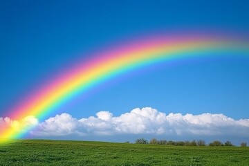 A bright rainbow over a field for World Environment Day, with clear blue skies