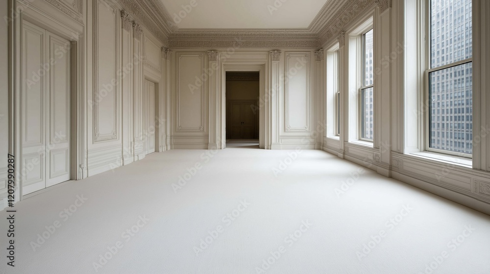 Poster empty room features large windows that allow natural light to flood in. walls are a light color, cre
