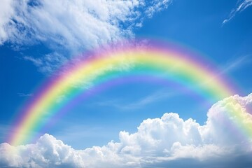 A bright rainbow over a field for World Environment Day, with clear blue skies