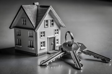 House Keys and Miniature House Model for Real Estate Concept. generative AI