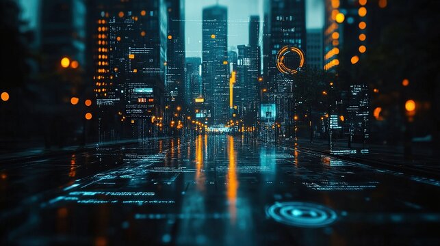 Rainy city street at night with futuristic digital overlay