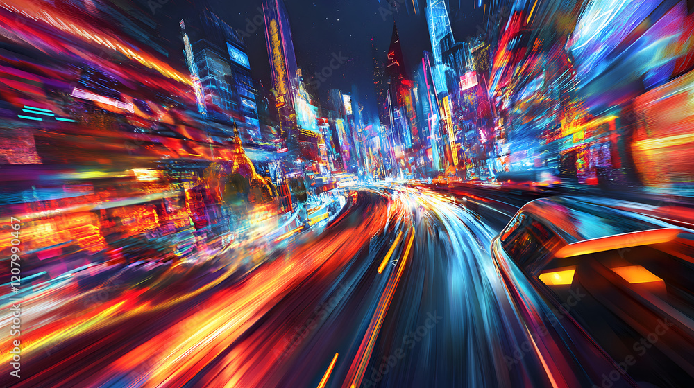 Poster a futuristic rendering of a galaxy where space-time is bent and twisted, with neon streaks of light 