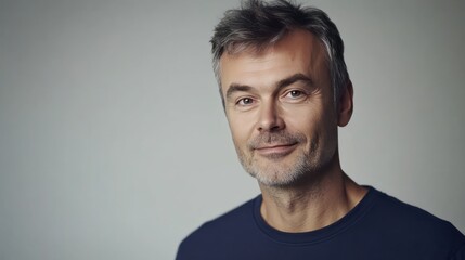 Naklejka premium Portrait of a middle-aged man with a friendly smile, graying hair, and a calm expression against a neutral background