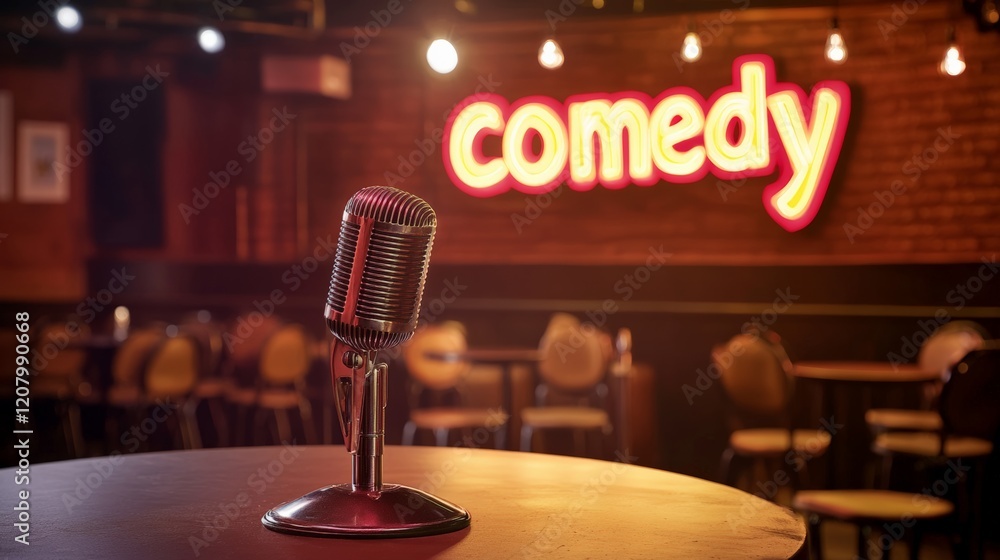 Poster vintage microphone standing on a small round table on a comedy club stage, illuminated by warm light