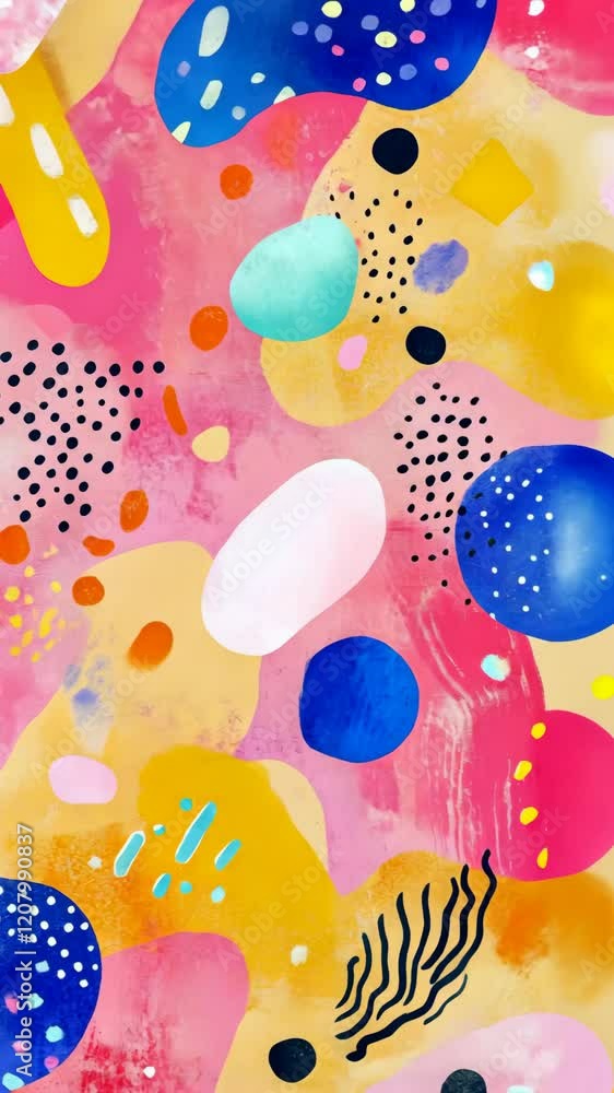 Poster colorful abstract composition featuring vibrant shapes and patterns in various sizes and colors