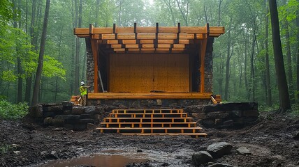 Misty Forest Bus Stop Amidst Vibrant Greenery