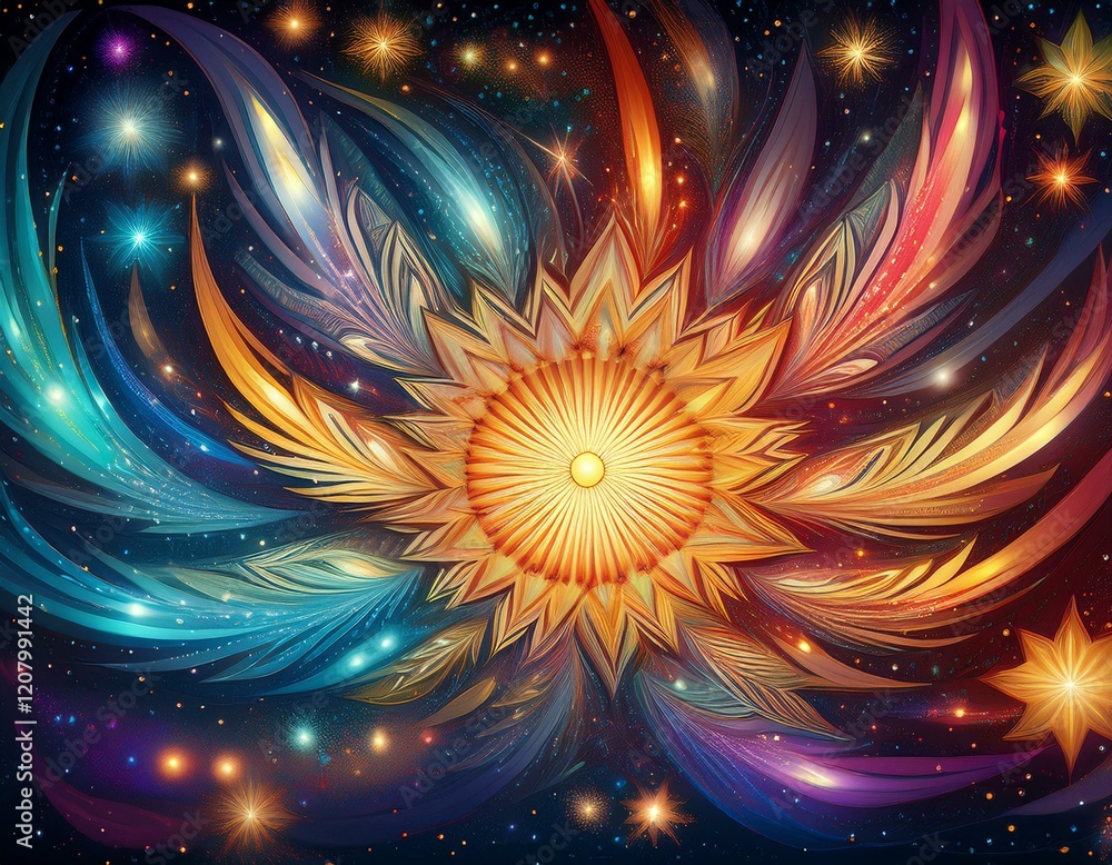 Poster using multicolor starbursts that create glowing concentric patterns in the midnight sky