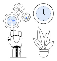 Robotic hand touching CRM settings, surrounded by icons of user management, data analytics. Clock and potted plant suggesting time management, productivity, and well-being. Ideal for technology