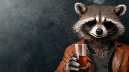 raccoon dressed in a brown leather jacket and sunglasses holds a glass of beverage. dark backdrop highlights the raccoons charming expression and fashionable attire