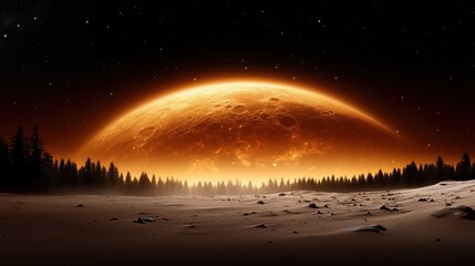 massive orange planet looms over a dark forest silhouetted against a twilight sky scattered with stars. sandy ground reflects the warm hues of the celestial body