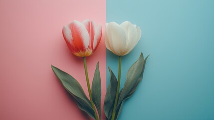 Obraz premium Minimalist tulips resting on gradient surface, showcasing delicate spring elegance against soft hued backdrop