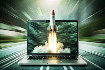 Futuristic Rocket Launch from Laptop Screen: AI Digital Illustration. generative AI
