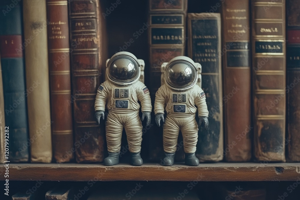 Wall mural Two astronaut figurines stand on a shelf amidst a collection of vintage books, creating a nostalgic and adventurous scene.