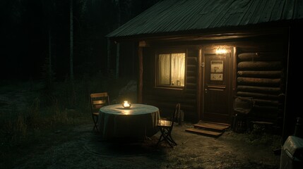 Nighttime Cabin Scene with Table and Candlelight