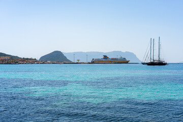 Ferry boat on the port of Golfo Aranci in Sardinia, Italy