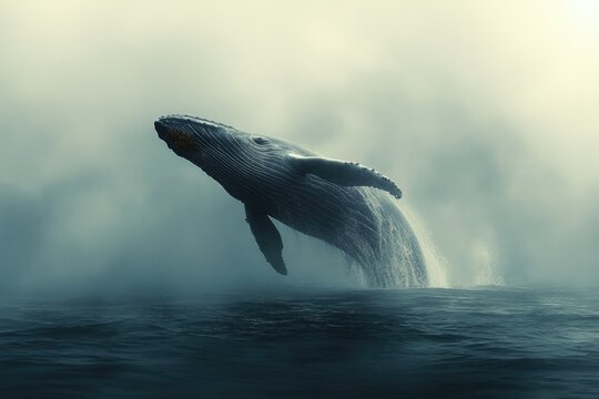 A majestic humpback whale breaches the misty ocean surface, a breathtaking spectacle of nature's power.