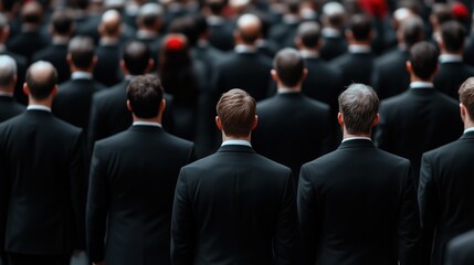 Obraz premium large gathering of men dressed in black suits, facing away from the camera, creating a uniform look in a public space. atmosphere suggests a formal occasion or remembrance