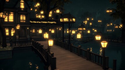 Nighttime Canalside Village with Golden Lanterns and Bridge