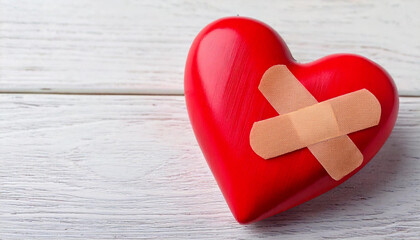 Red Heart with Adhesive Bandages on White Wooden Background Representing Healing and Love