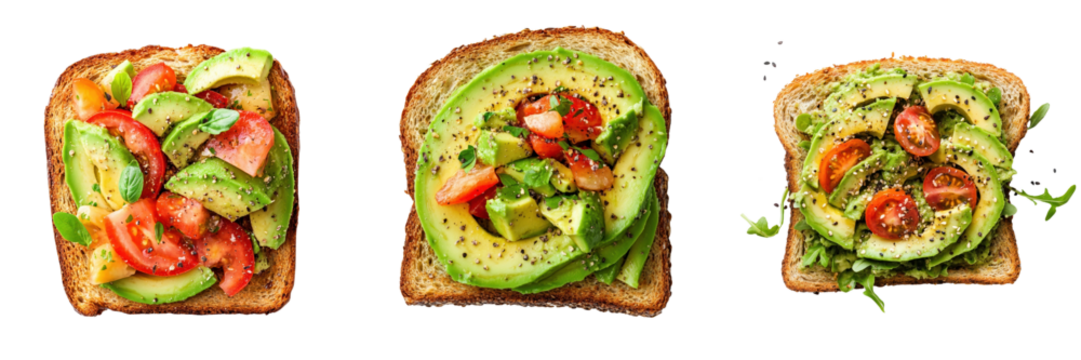 A Set of Healthy Fresh Avocado Toast with Toppings Isolated on Transparent Background